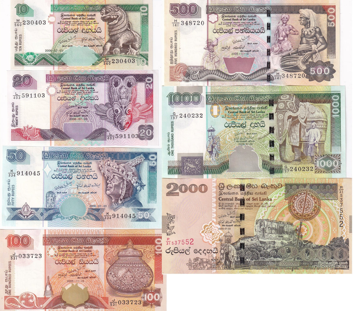 Sri Lanka SET 7 UNC 10 20 50 100 500 1000 2000 Rupees Random P 104 108 - P 121