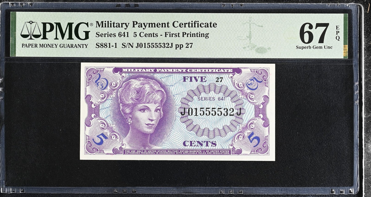 Military Payment Certificate 5 Cents 1965 P M57 USA Superb Gem UNC PMG 67 EPQ