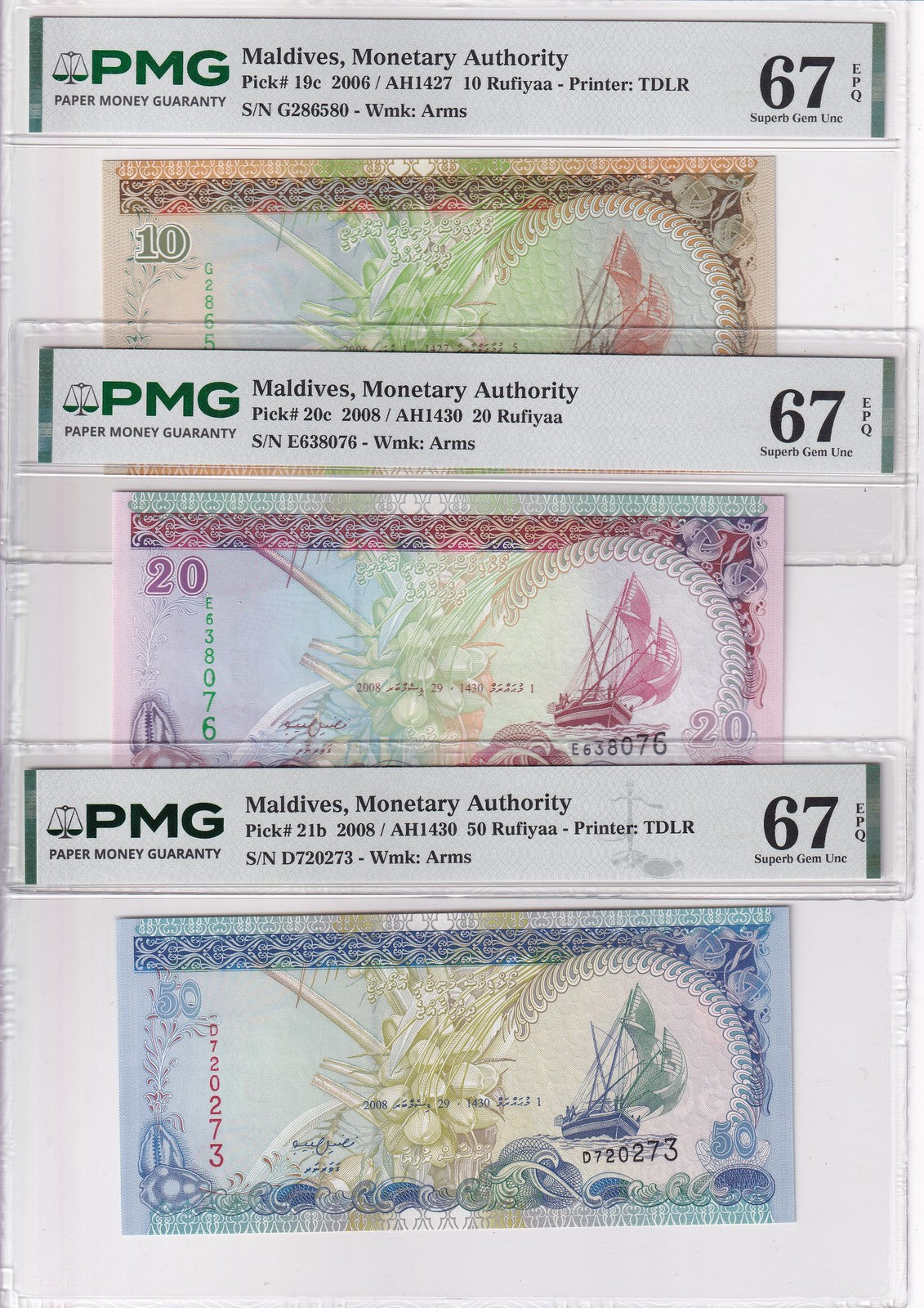 Maldives set 3; 10 20 50 Rufiyaa 2006 2008 P 19-P 21 Gem UNC PMG 67 EPQ