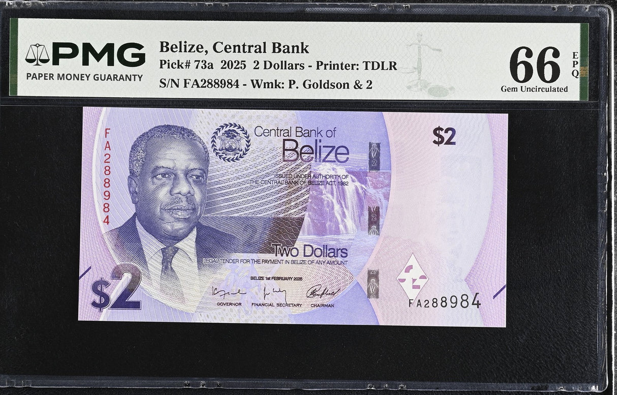 Belize 2 Dollars 2025 P 73 a Gem UNC PMG 66 EPQ PNB