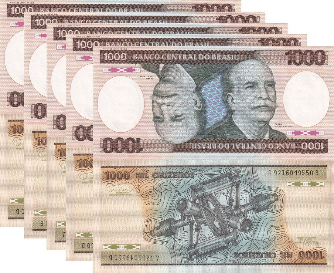 Brazil 1000 Cruzeiros ND 1986 P 201 AUnc LOT 5 PCS