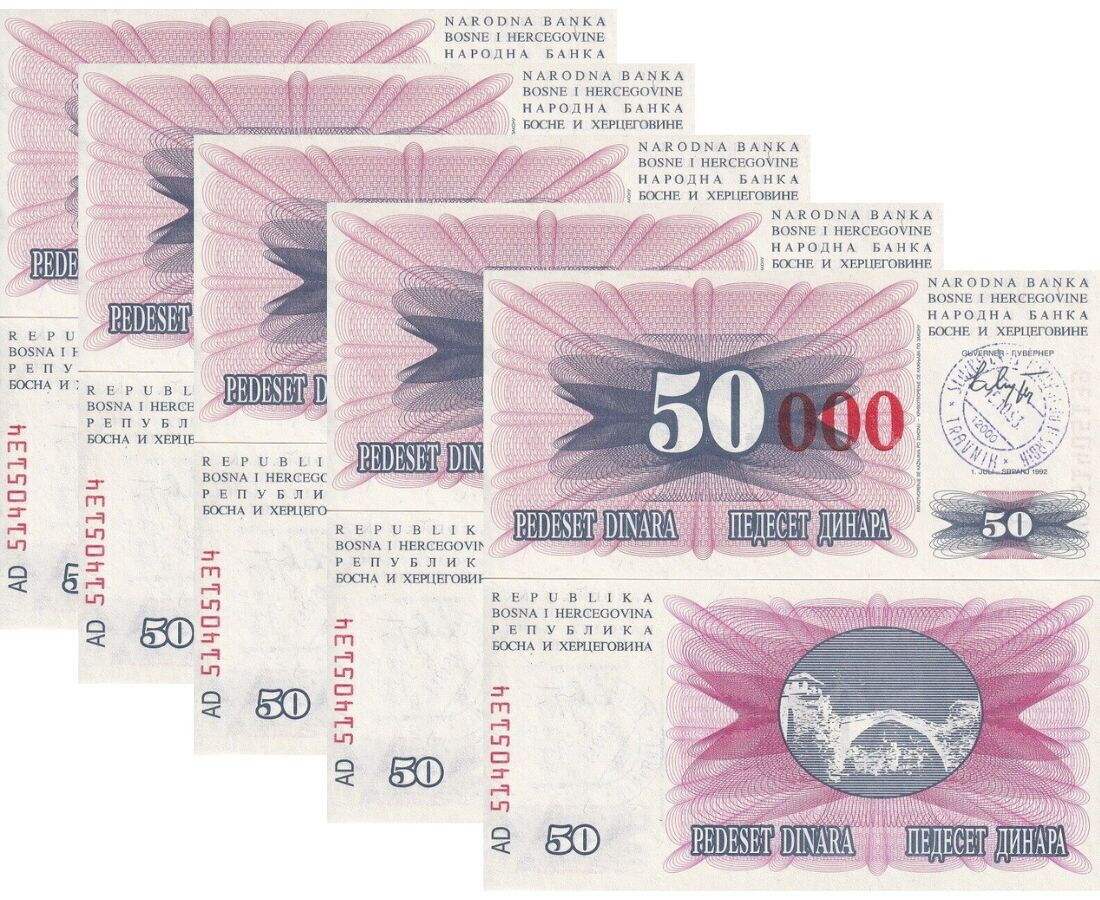 Bosnia 50000 Dinara 15.10.1993 P 55 b UNC LOT 5 PCS