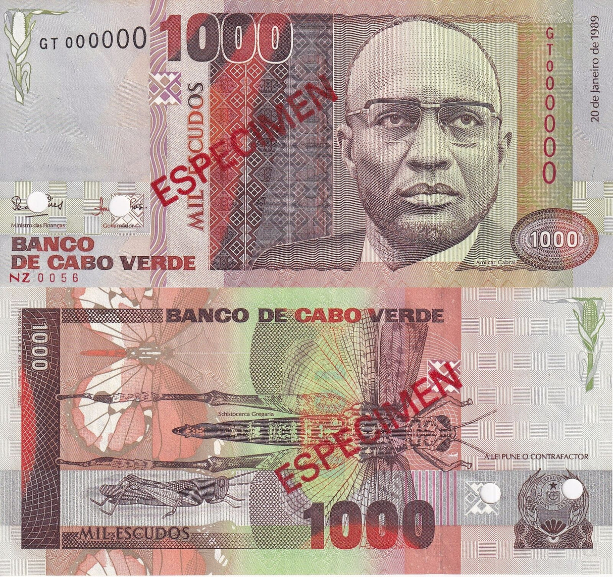 Cape Verde 1000 Escudos 1989 P 60 SPECIMEN UNC With Yellow Tone