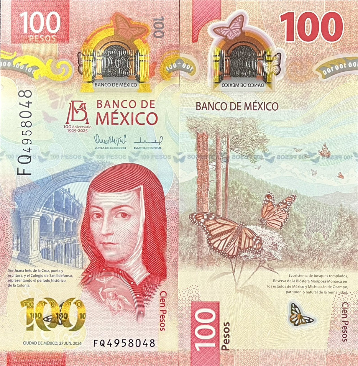 Mexico 100 Pesos 2024 Polymer Random Prefix & Sign 1925-2025 Com 100th P 139 UNC