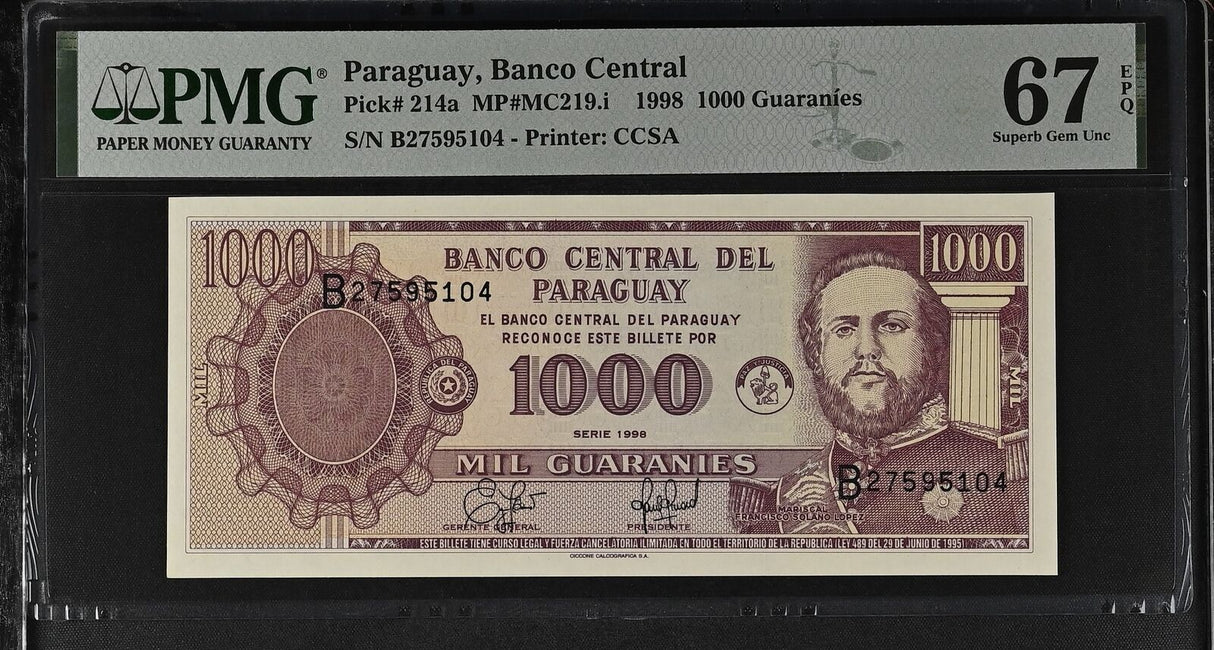 Paraguay 1000 Guaranies 1998 P 214 a Superb Gem UNC PMG 67 EPQ TOP POP