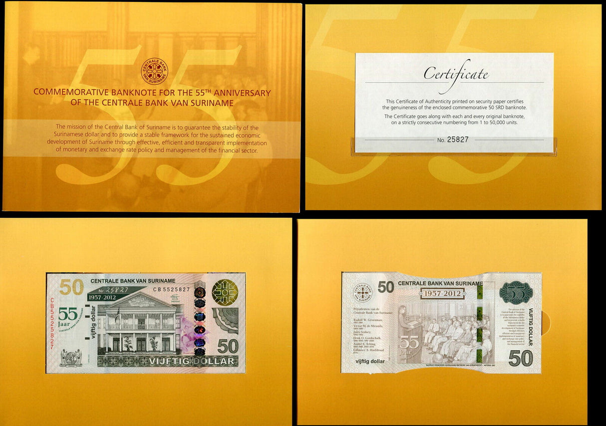 Suriname 50 Dollars 2012/2015 55th COMM. Limited Edition P 167 UNC W/FOLDER
