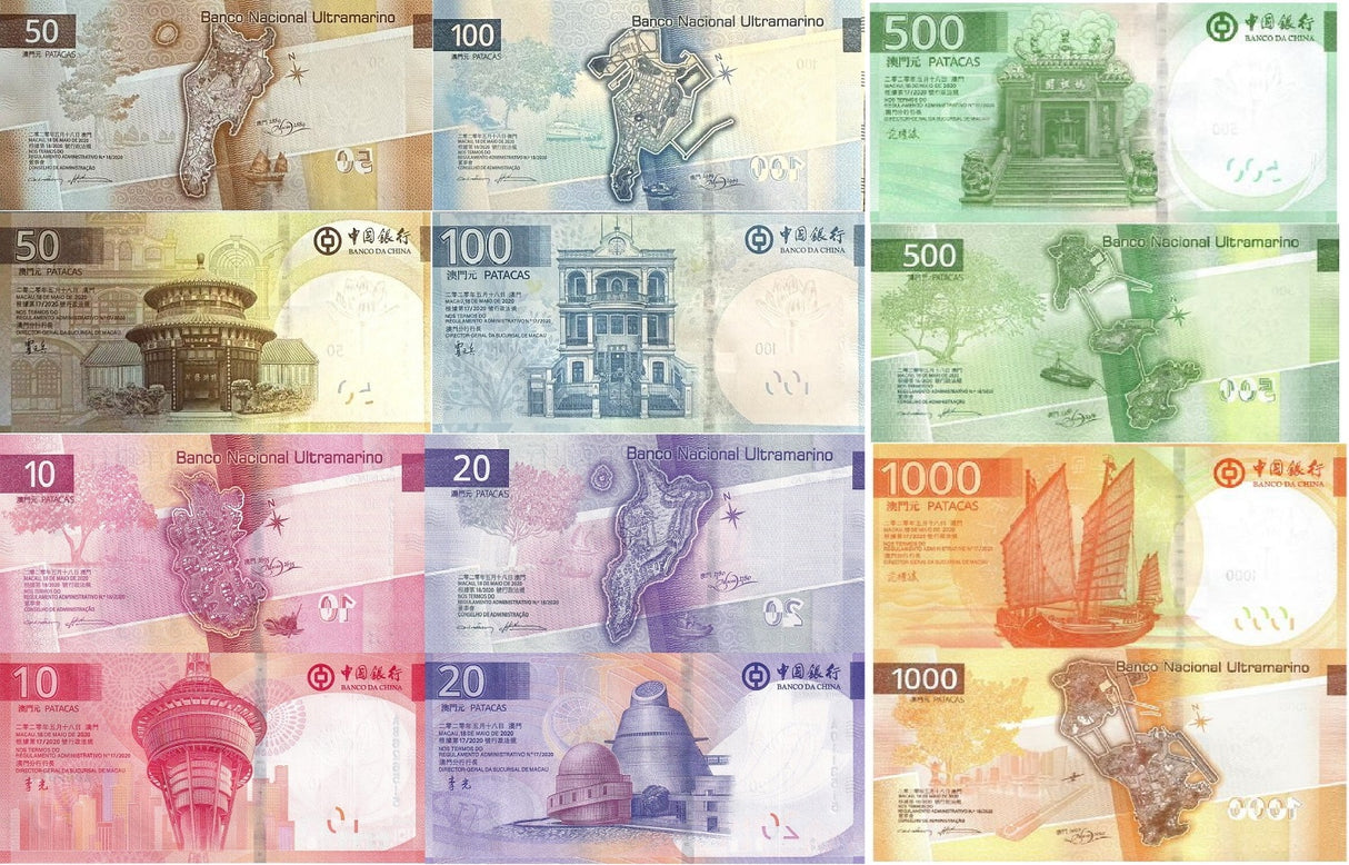 Macau set 12 UNC 10 20 50 100 500 1000 Patacas 2020 / 2024 2025 2026 P NEW BNU BOC Lion