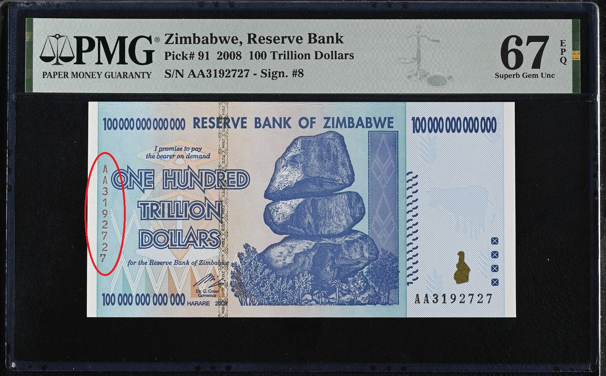 Zimbabwe 100 Trillion Dollars 2008 P 91 Superb Gem UNC PMG 67 EPQ Misaligned ERROR