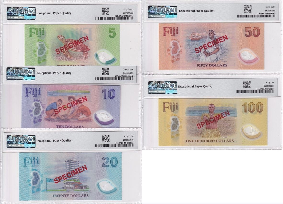 Fiji set 5 SPECIMEN 5 10 20 50 100 Dollars 2026 P 125-129S Gem UNC PMG 65-68 EPQ