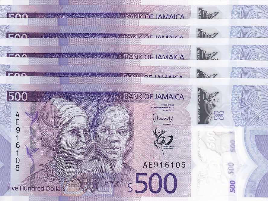 Jamaica 500 Dollars 2022 / 2023 P 98 NEW Polymer LOT 5 UNC