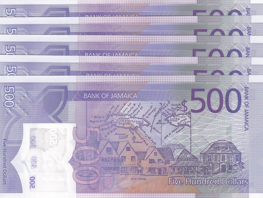 Jamaica 500 Dollars 2022 / 2023 P 98 NEW Polymer LOT 5 UNC