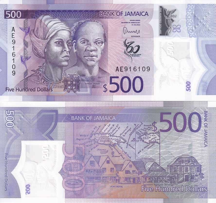 Jamaica 500 Dollars 2022 / 2023 P 98 NEW Polymer LOT 5 UNC