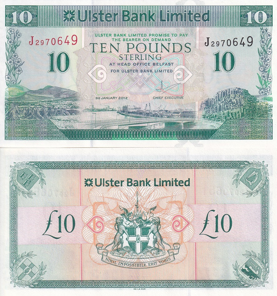NORTHERN IRELAND 10 POUNDS 2012 ULSTER BANK P 341 b UNC