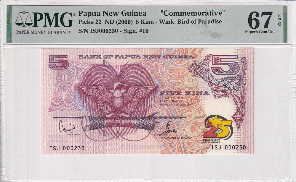 Papua New Guinea 5 Kina ND 2000 25th Comm. P 22 Superb Gem UNC PMG 67 EPQ TOP