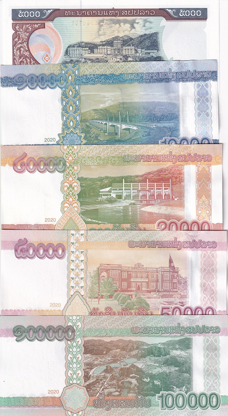 Laos Set 5 Pcs 5000 10000 20000 50000 100000 Kip 2020/ 2022 P 41Aa-42A UNC