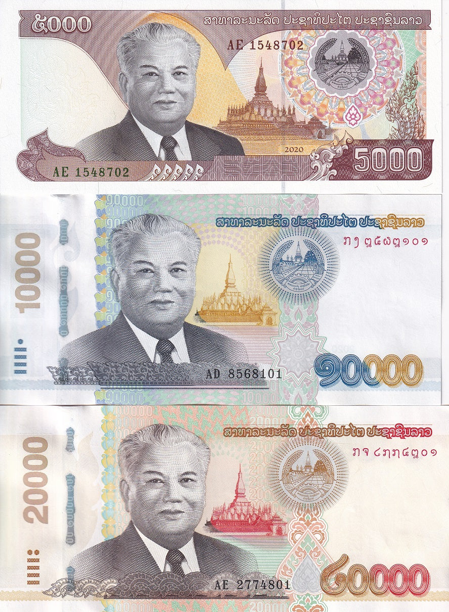Laos Set 3 Pcs 5000 10000 20000 Kip 2020/2022 P 41Aa 41b 41C UNC