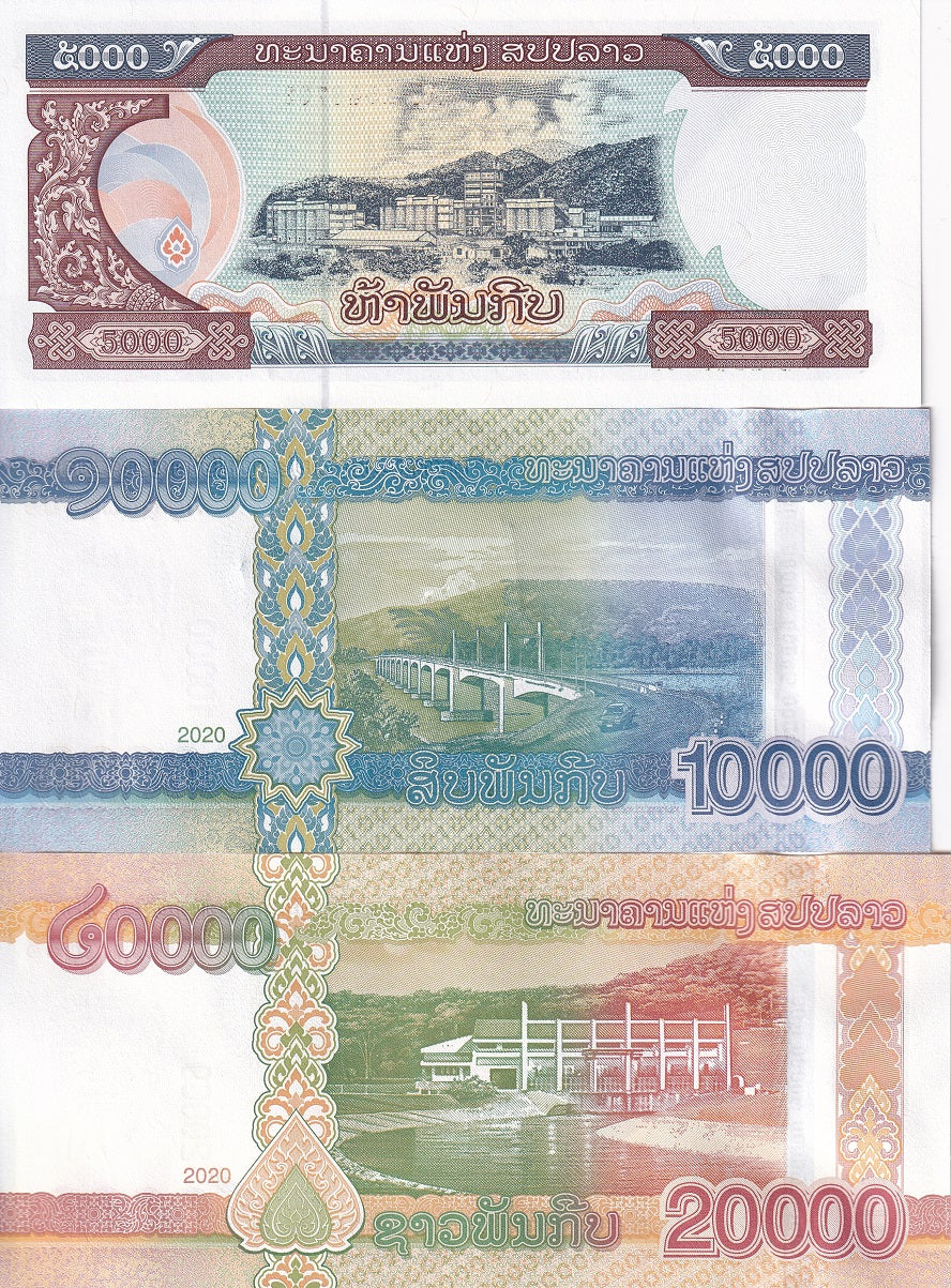 Laos Set 3 Pcs 5000 10000 20000 Kip 2020/2022 P 41Aa 41b 41C UNC