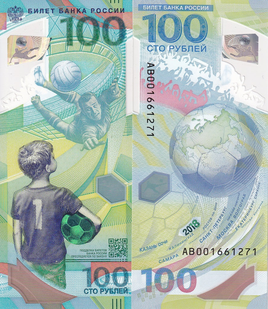 Russia 100 Rubles 2018 FIFA Football Comm. Polymer P 280 UNC LOT 10 PCS