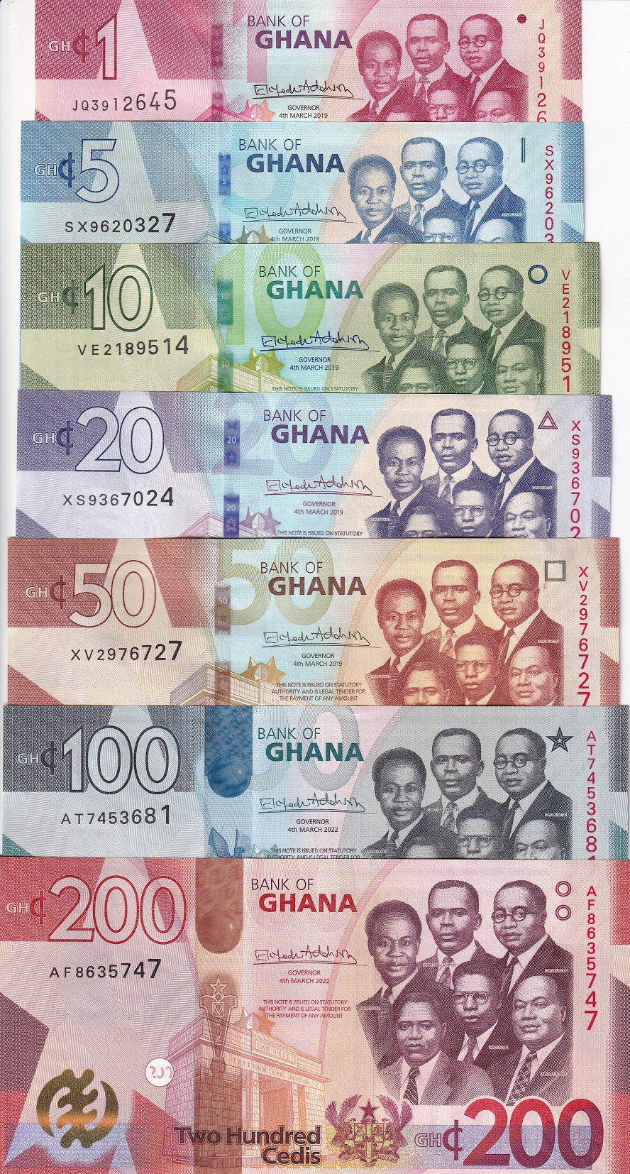 Ghana Set 7 UNC 1 5 10 20 50 100 200 Cedis Mixed Years P 45 46 47 48 49 P 50 51