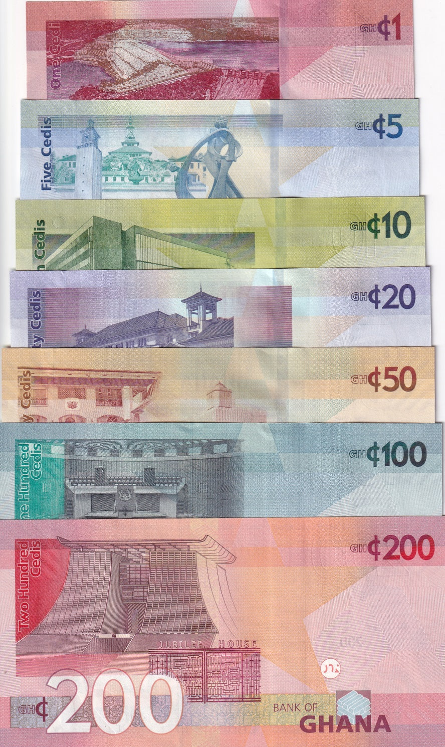 Ghana Set 7 UNC 1 5 10 20 50 100 200 Cedis Mixed Years P 45 46 47 48 49 P 50 51