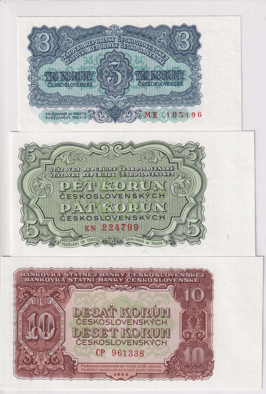 Czechoslovakia Set 3 PCS 3 5 10 Korun 1953 P 79 P 80 P 83 UNC