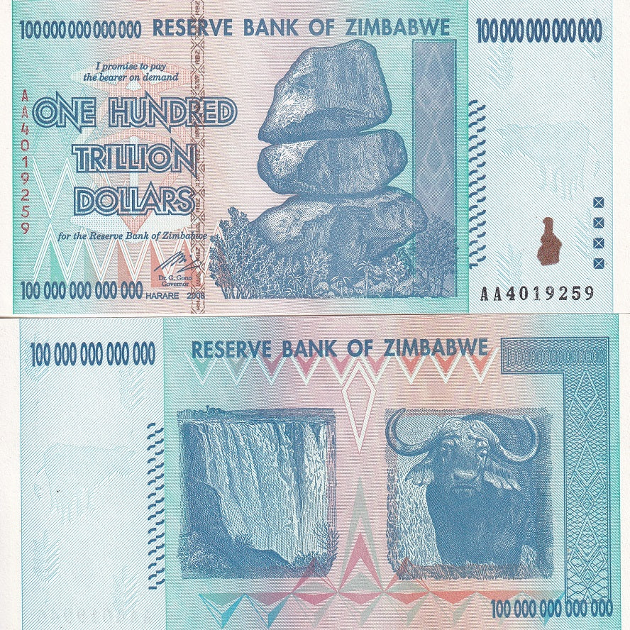 Zimbabwe 100 Trillion Dollars 2008 P 91 in About Uncirculated (AUNC) Condition