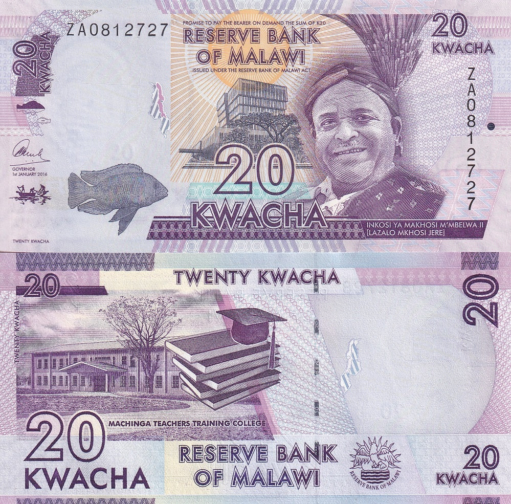 MALAWI 20 KWACHA 2016 P 63 c ZA PREFIX REPLACEMENT UNC