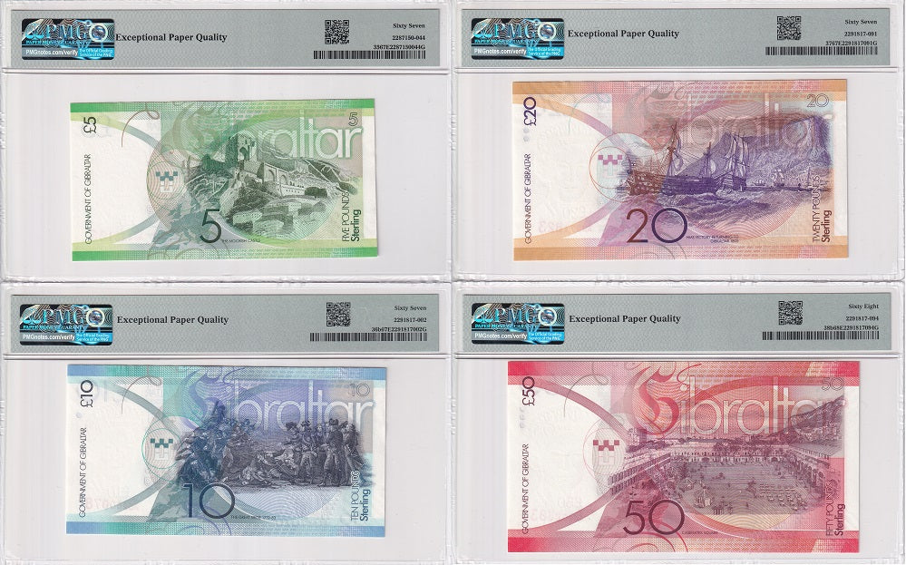 Gibraltar Set 4; 5 10 20 50 Pounds 2011-19 P 35- 38 Superb Gem UNC PMG 67 68 EPQ