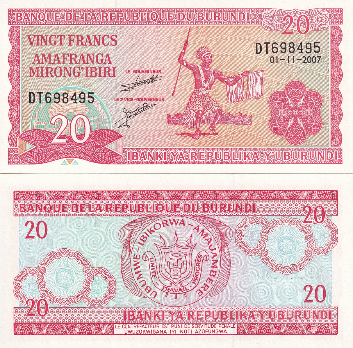 BURUNDI 20 FRANCS 2007 P 27 UNC