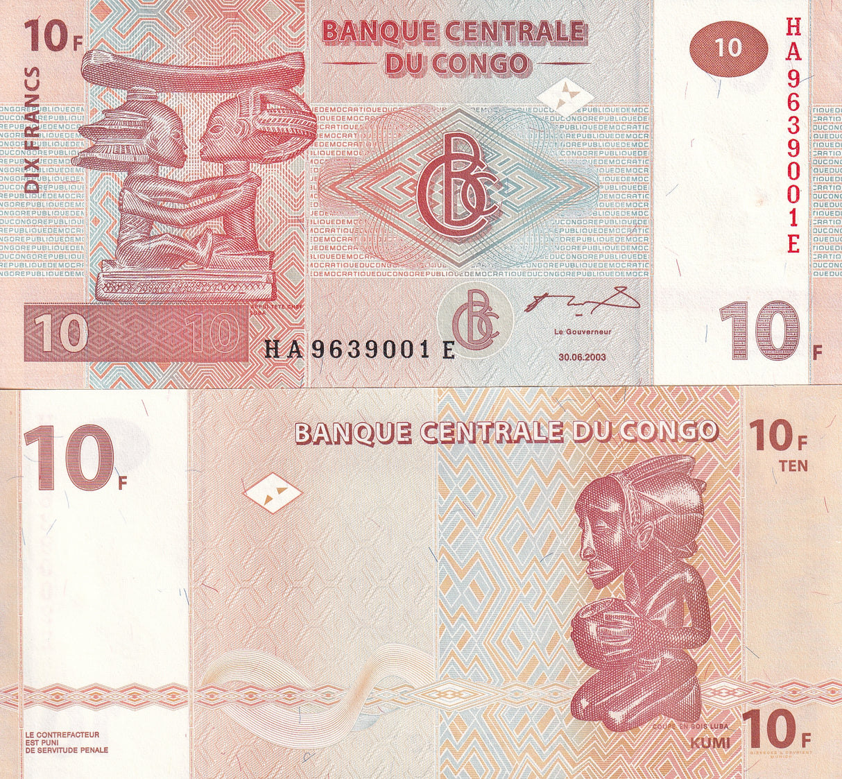 Congo 10 Francs 2003 P 93A G&D UNC