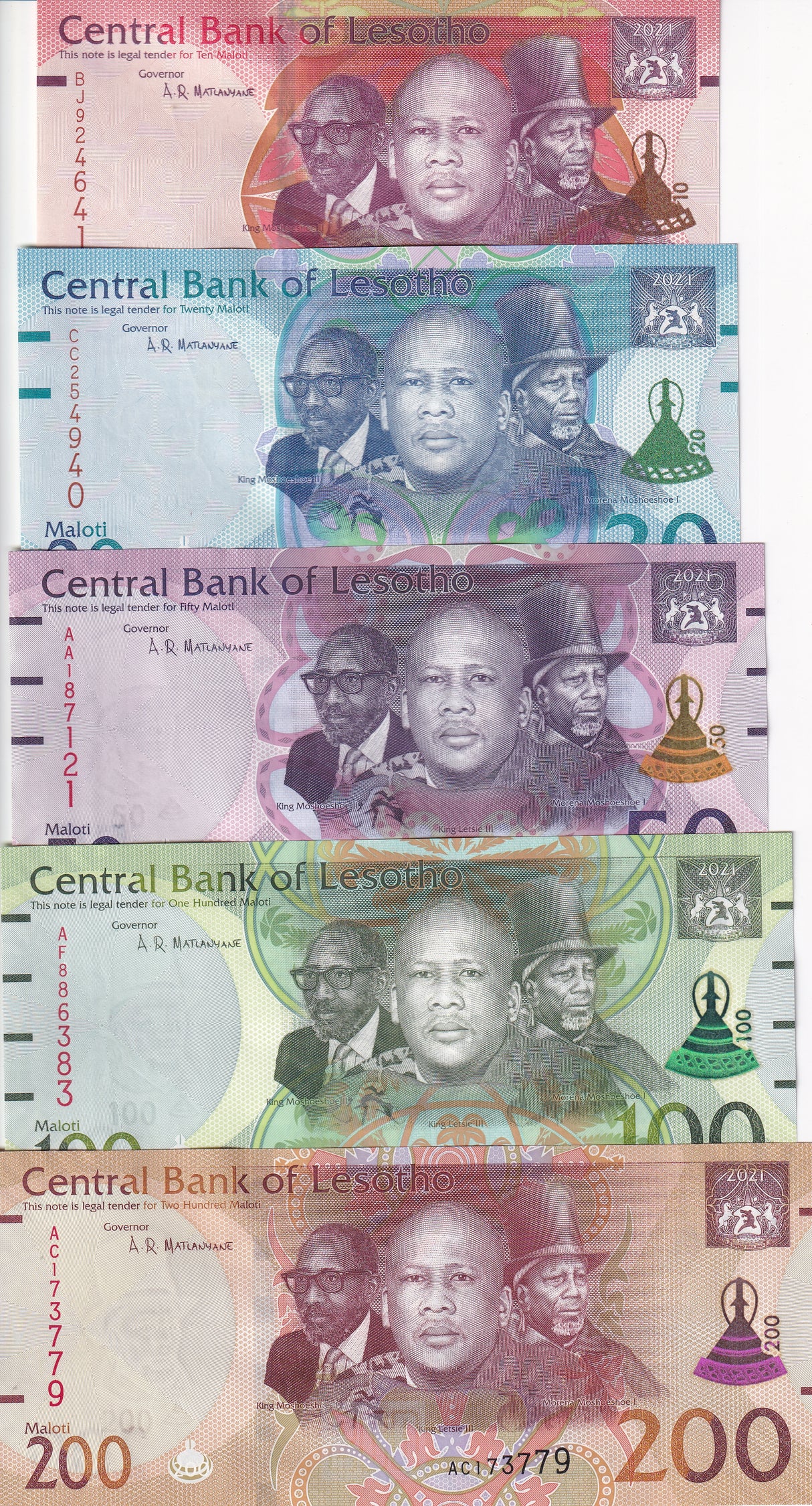 Lesotho Set 5 Pcs 10 20 50 100 200 Maloti 2021 P 26 27 28 29 30 UNC