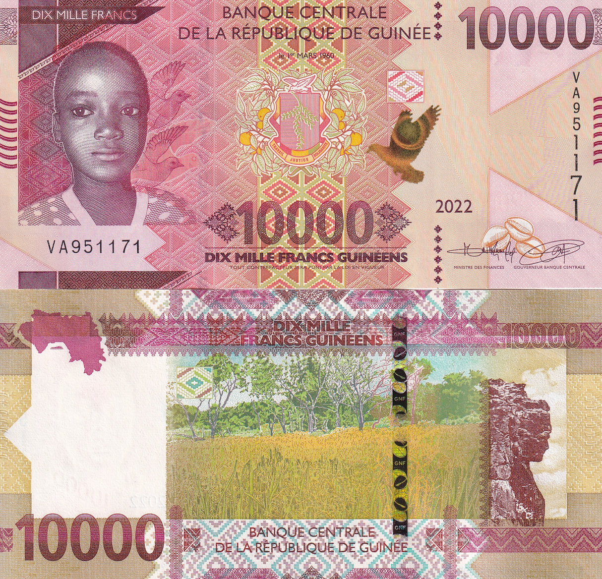 Guinea 10000 Francs 2022 P 49A UNC