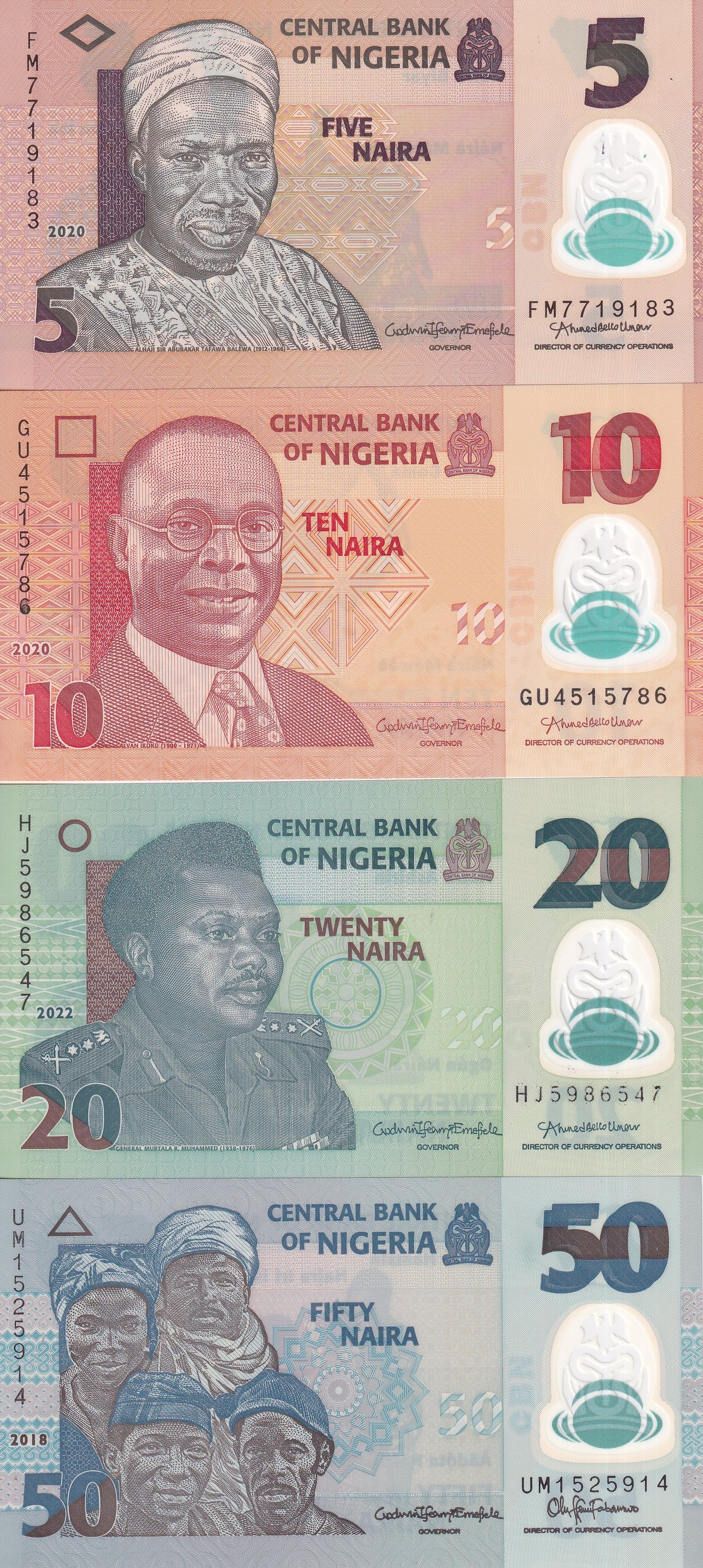 Nigeria Set 4 Pcs 5 10 20 50 Naira Random Year Polymer P 37 38 39 40 UNC