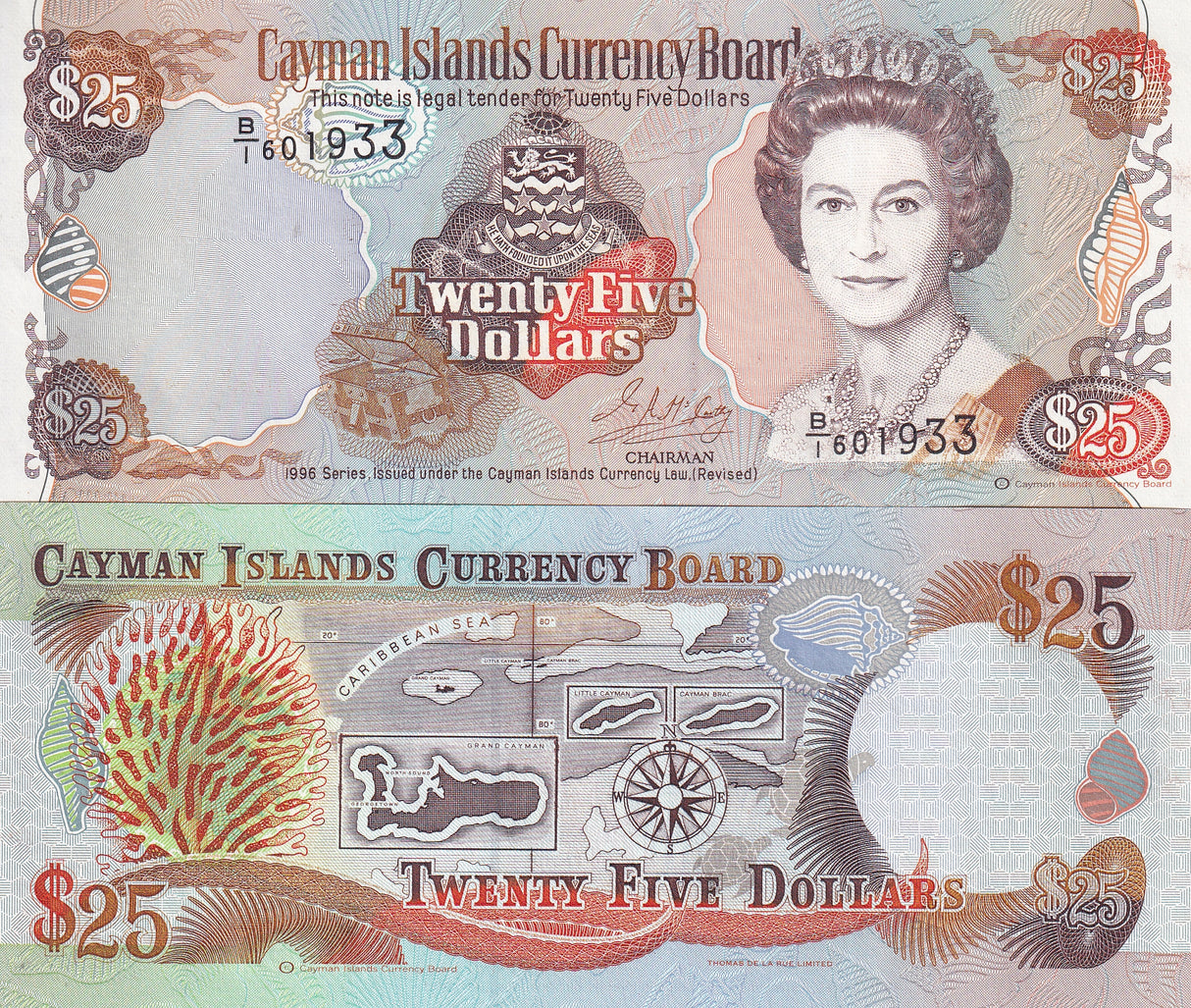 Cayman Islands 25 Dollars 1996 P 19 Prefix B/1 QE II UNC