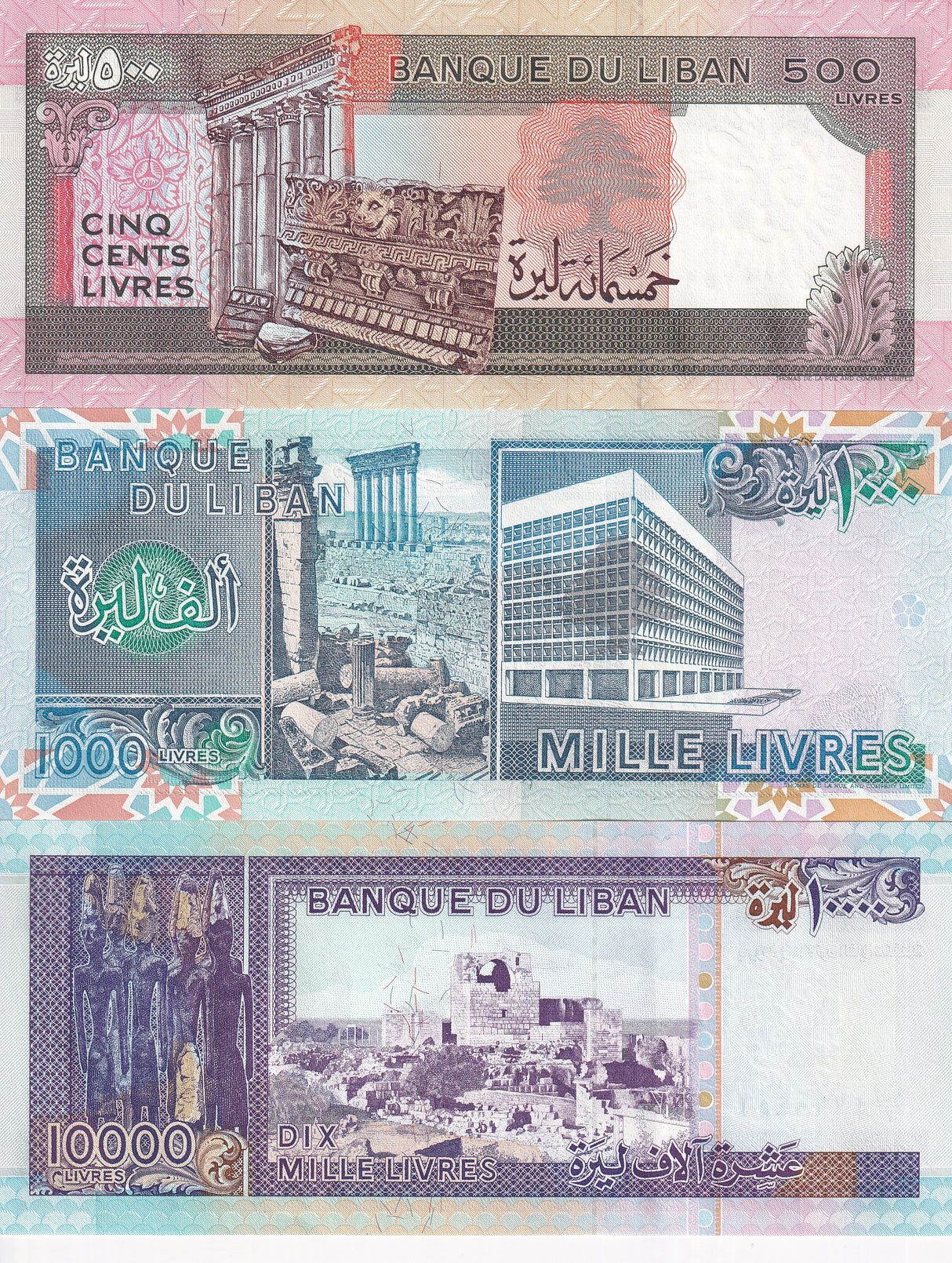 Lebanon Set 3 Pcs 500 1000 10000 Livres 1988 - 1993 P 68 P 69 P 70 UNC