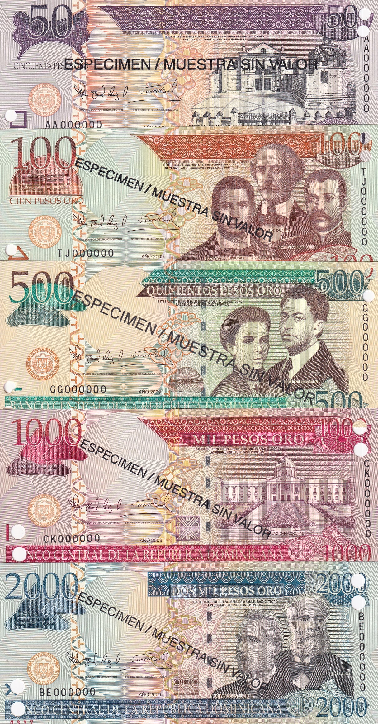 Dominican Set 5 UNC 50 100 - 2000 Pesos 2006-2009 P 176 P 169 - P 181 SPECIMEN