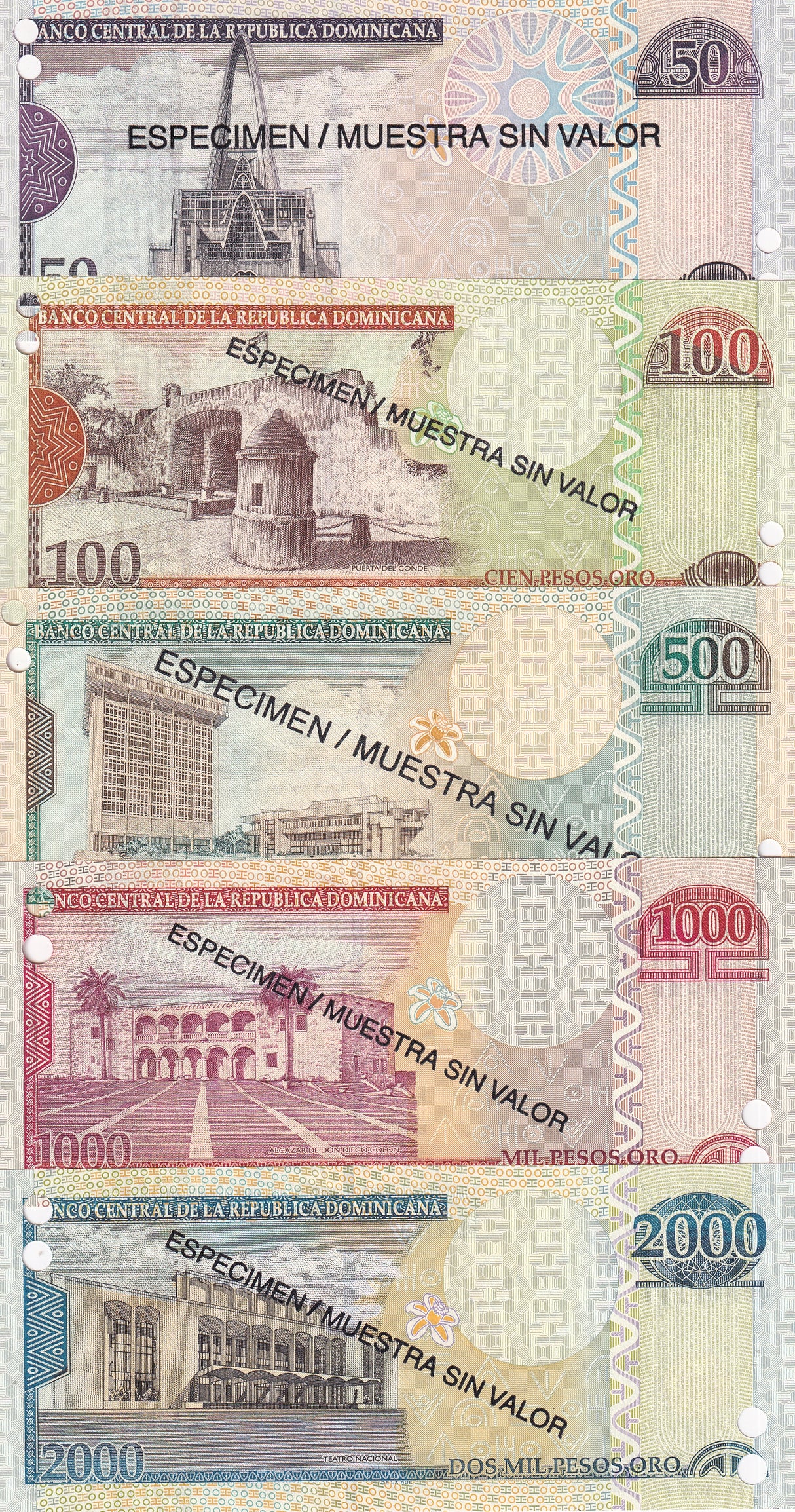 Dominican Set 5 UNC 50 100 - 2000 Pesos 2006-2009 P 176 P 169 - P 181 SPECIMEN