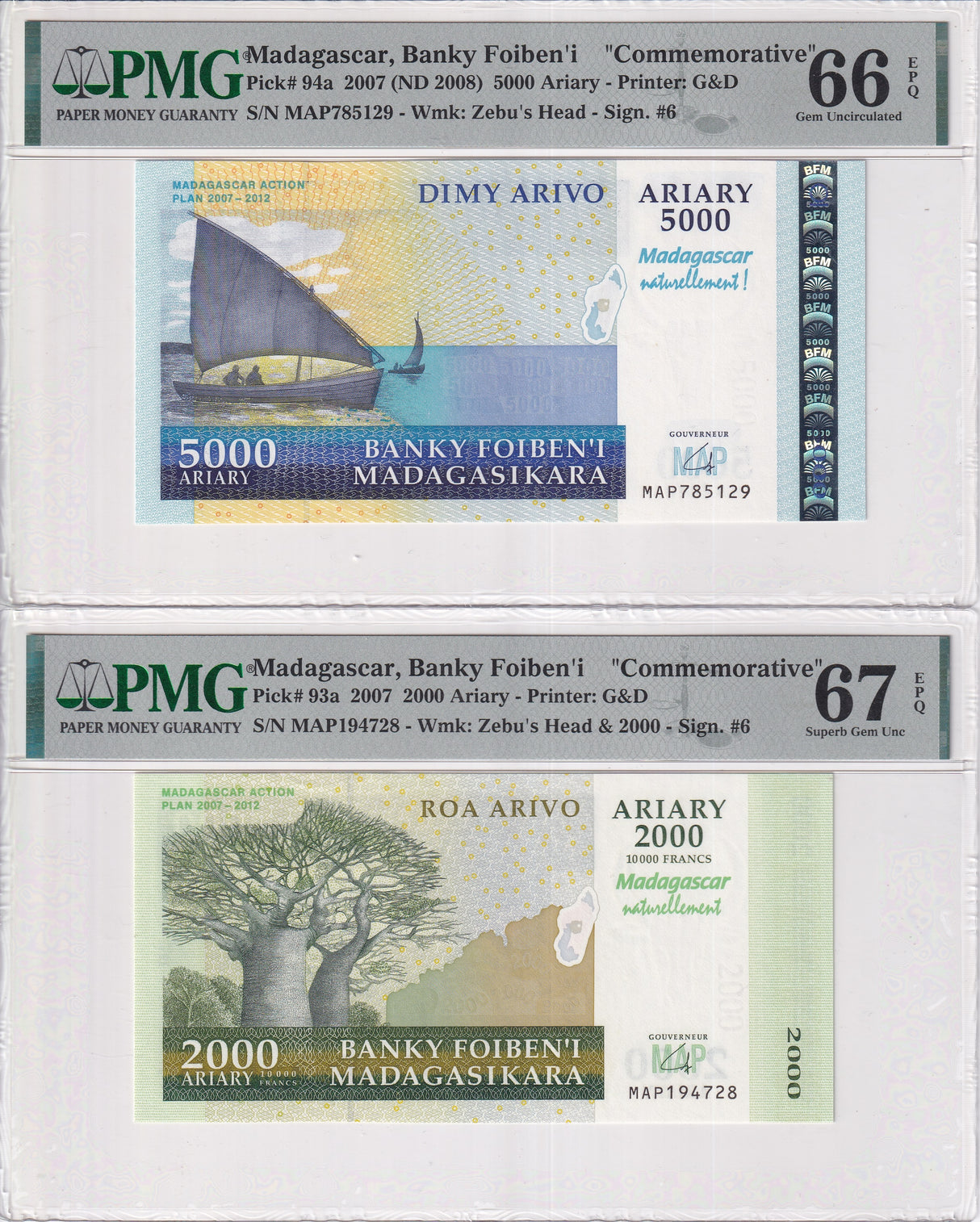Madagascar Set 2; 2000 5000 Ariary ND 2008 P 93 94 COMM. Gem UNC PMG 66 67 EPQ