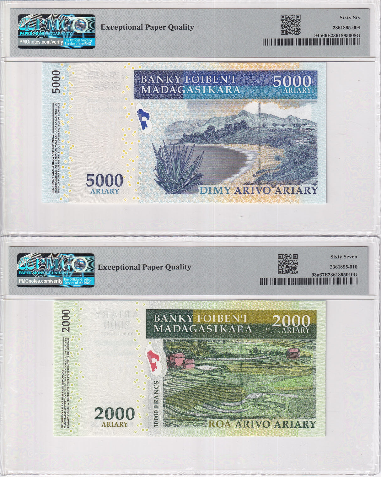 Madagascar Set 2; 2000 5000 Ariary ND 2008 P 93 94 COMM. Gem UNC PMG 66 67 EPQ