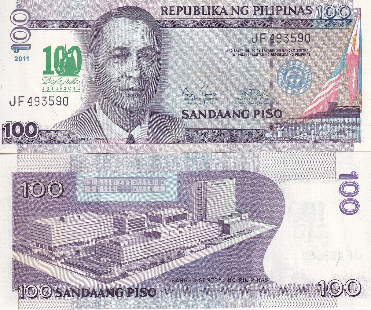 PHILIPPINES 100 PISOS PESOS 2011 P 212A COMM. DE LA SALLE UNC