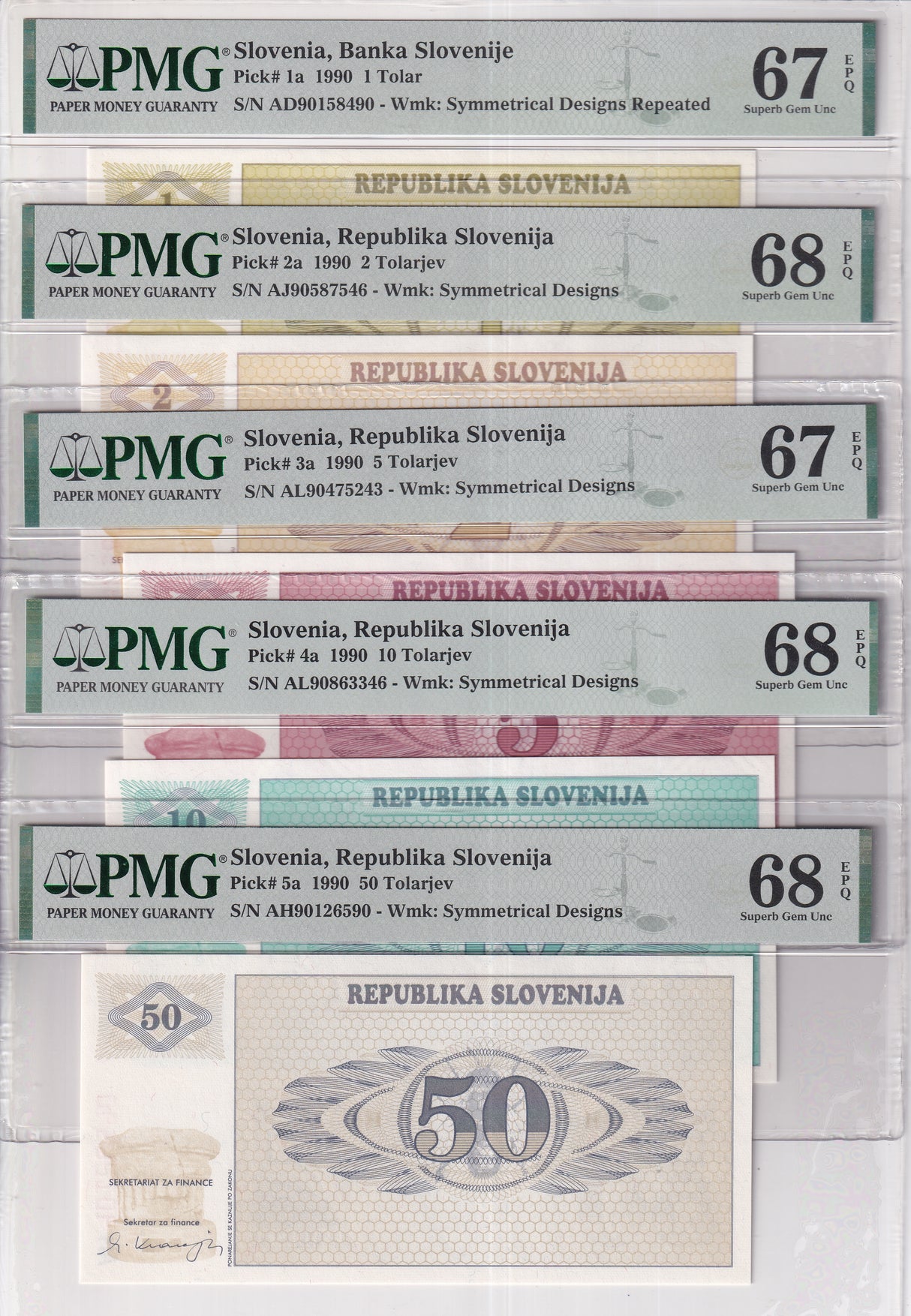 Slovenia Set 5; 1 2-50 Tolarjev 1990 P 1 a P 5 a Superb Gem UNC PMG 67 68 EPQ