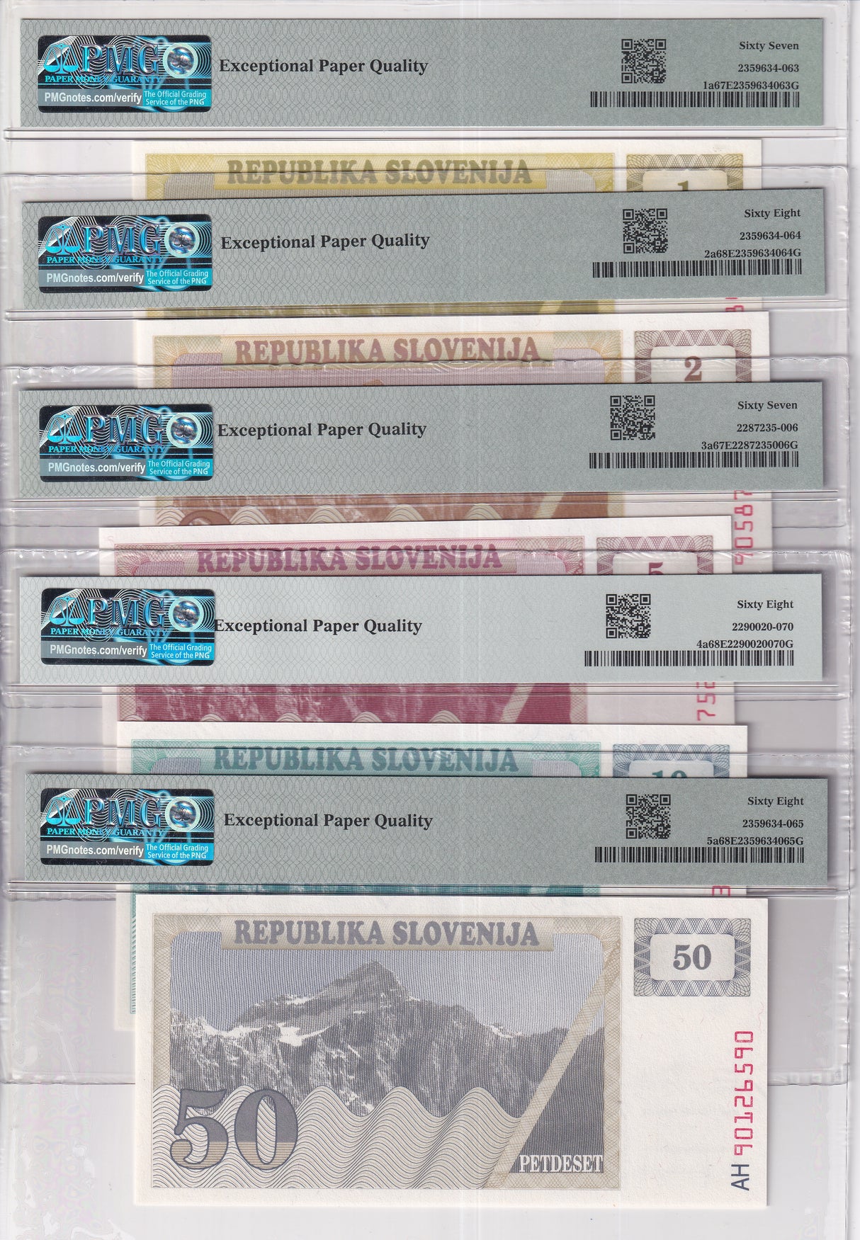 Slovenia Set 5; 1 2-50 Tolarjev 1990 P 1 a P 5 a Superb Gem UNC PMG 67 68 EPQ