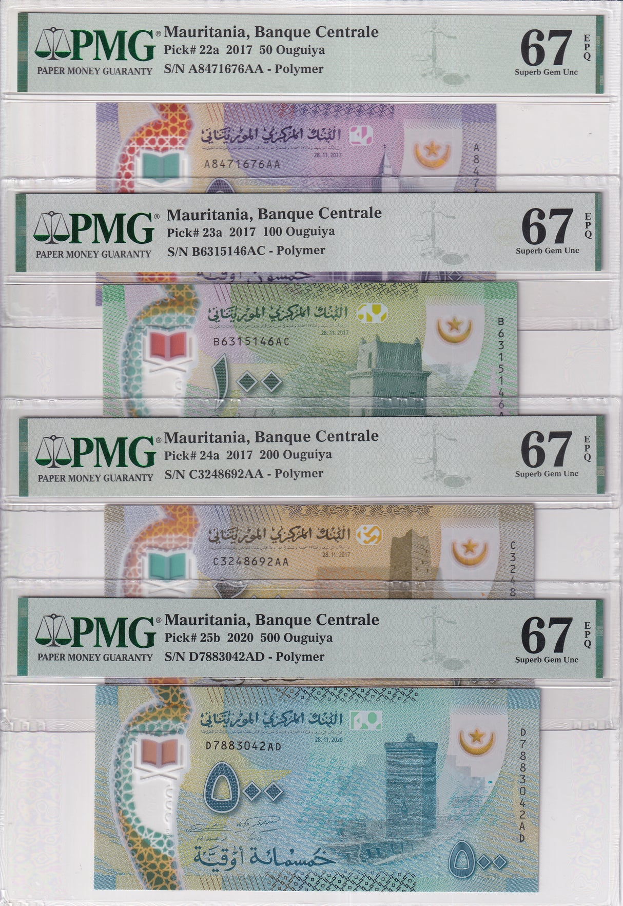 Mauritania Set 4; 50 100-500 Ouguiya 2017-20 P 22- P25 Superb Gem UNC PMG 67 EPQ