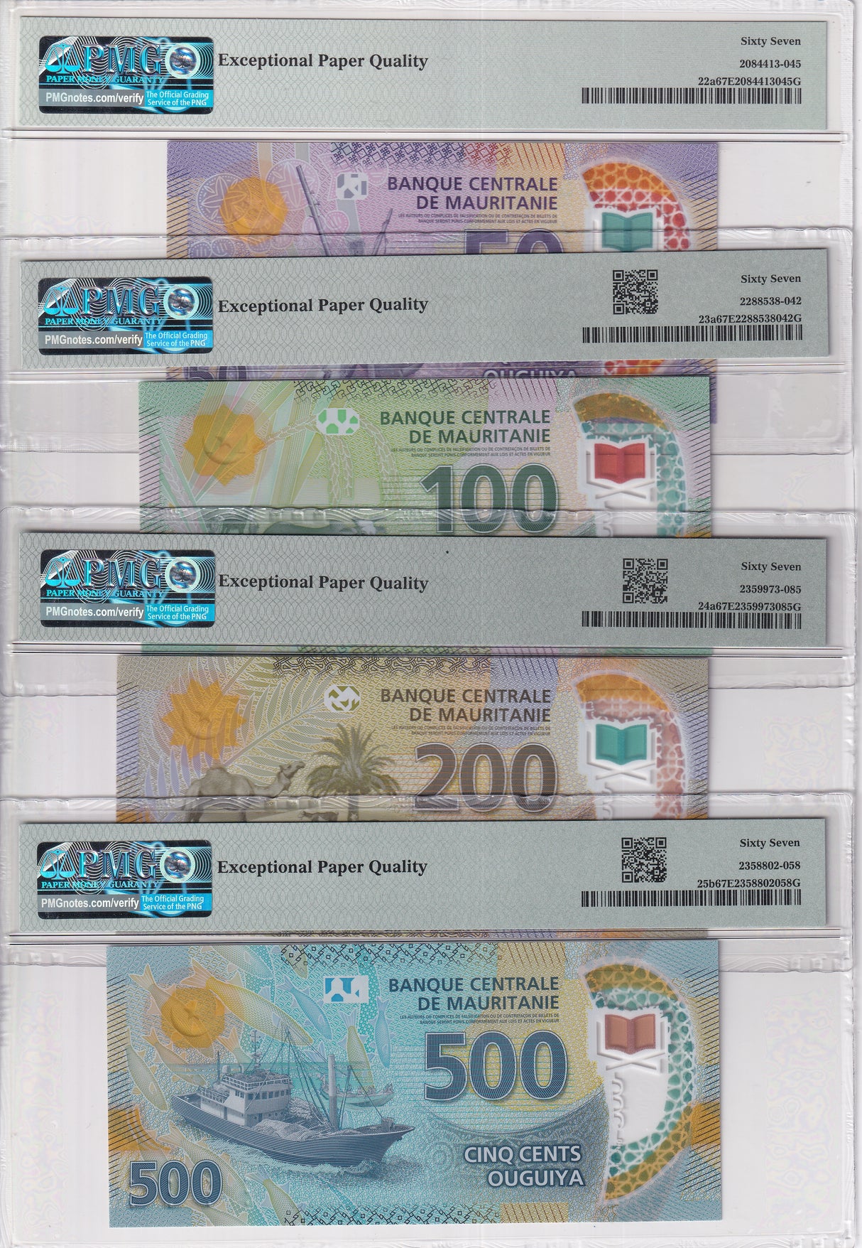Mauritania Set 4; 50 100-500 Ouguiya 2017-20 P 22- P25 Superb Gem UNC PMG 67 EPQ