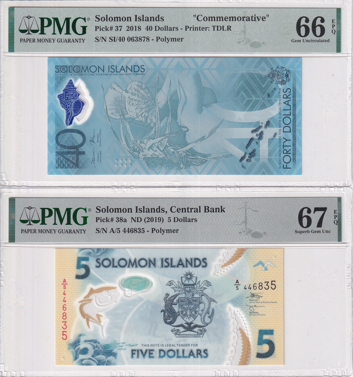 Solomon Set 2; 5 40 Dollars 2019 Polymer P 37 P 38 Superb Gem UNC PMG 66 67 EPQ