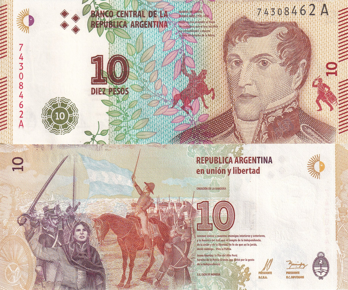 ARGENTINA 10 PESOS 2015 / 2016 P 360 SERIES A UNC