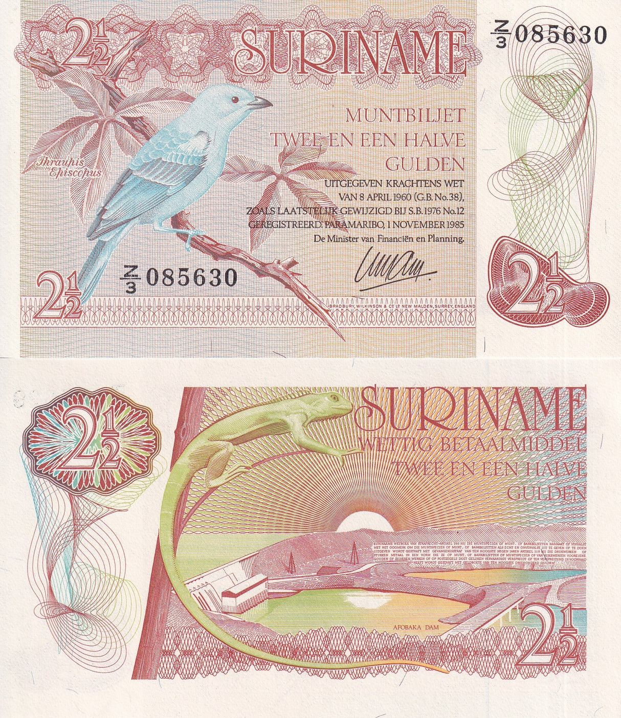 Suriname 2 1/2 Gulden 1985 Z Prefix P 119 UNC