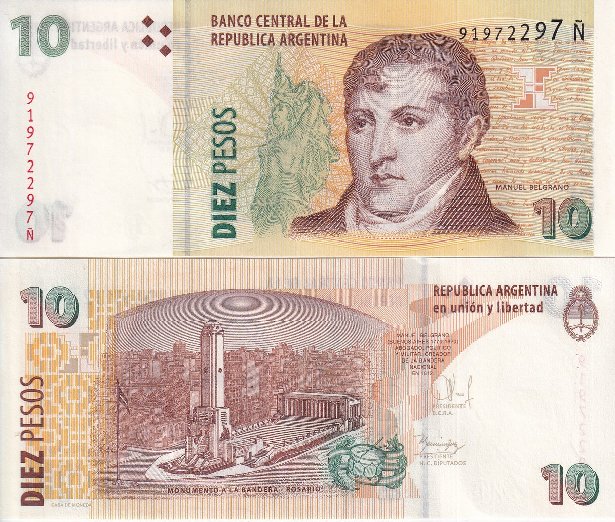 Argentina 10 Pesos ND 2012 P 354 Mixed Suffix UNC