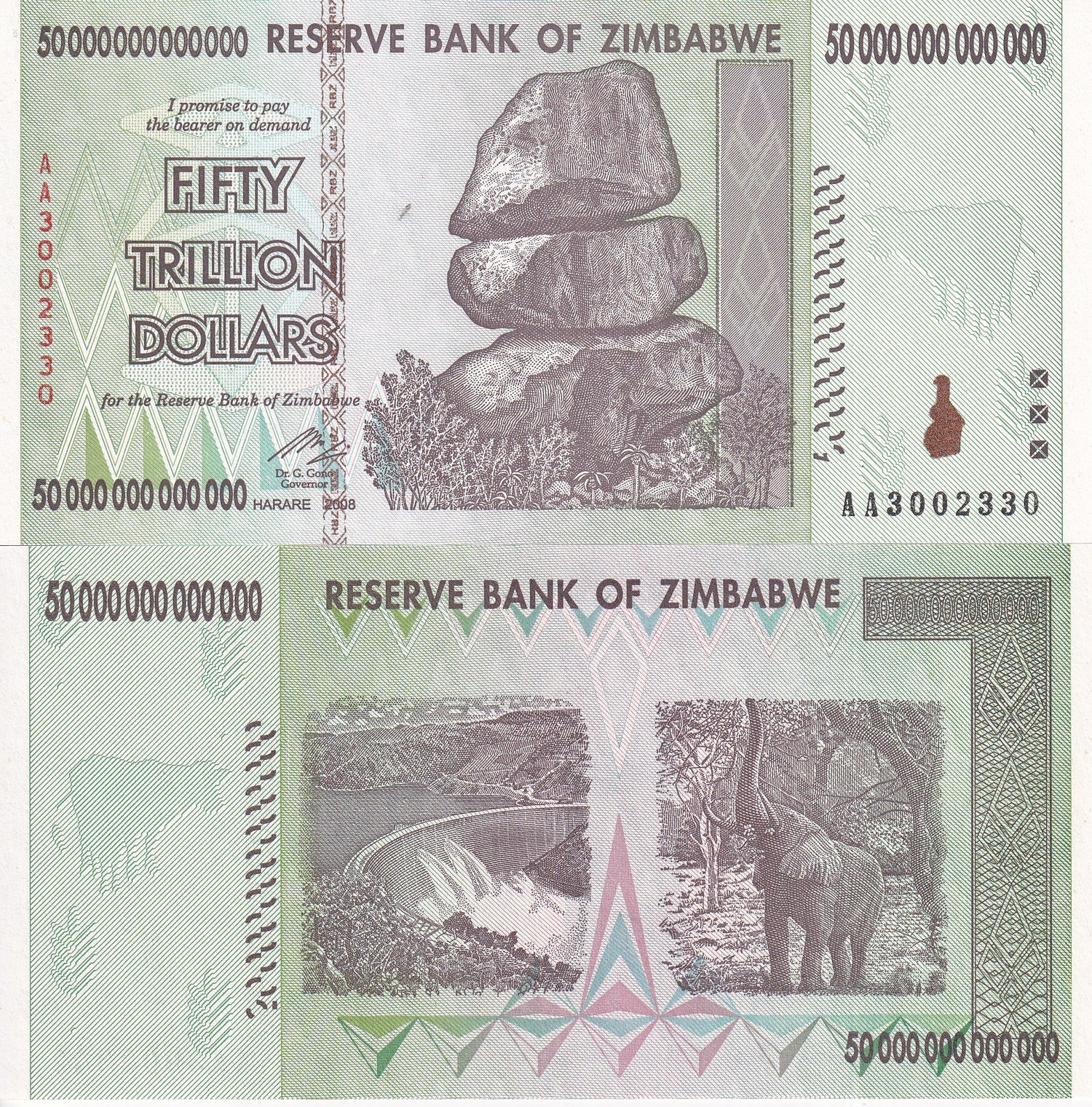 Zimbabwe 50 Trillion Dollars 2008 AA P 90 UNC