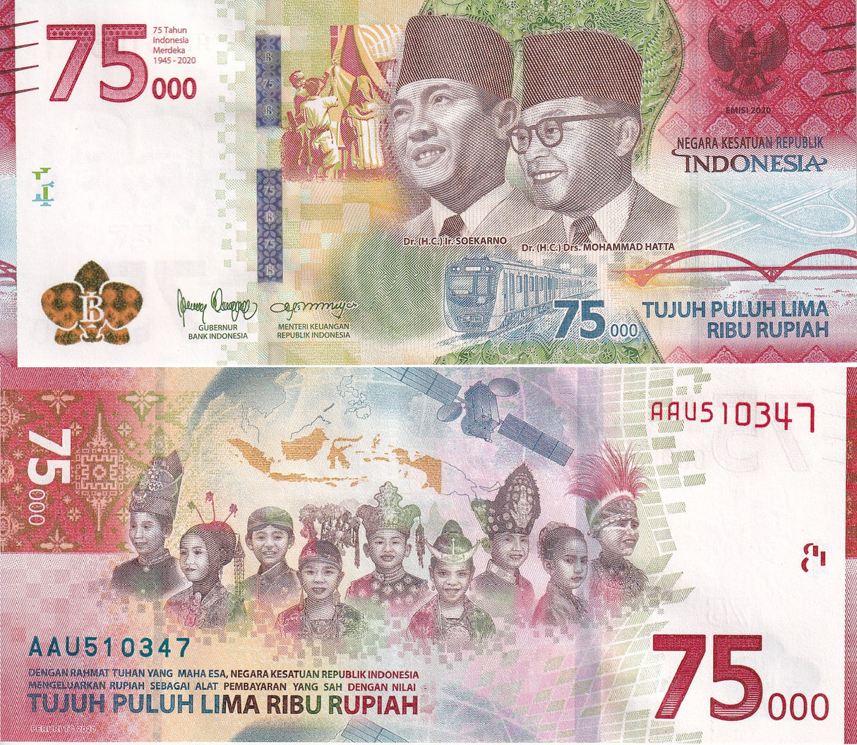 Indonesia 75000 Rupiah 2020 75th Commemorative P 161 UNC W/Folder